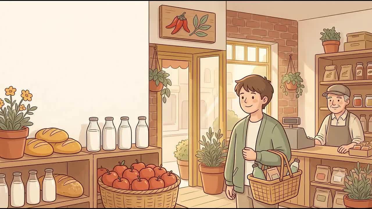 Bevásárlás boltban – kenyér, tej, sajt, alma