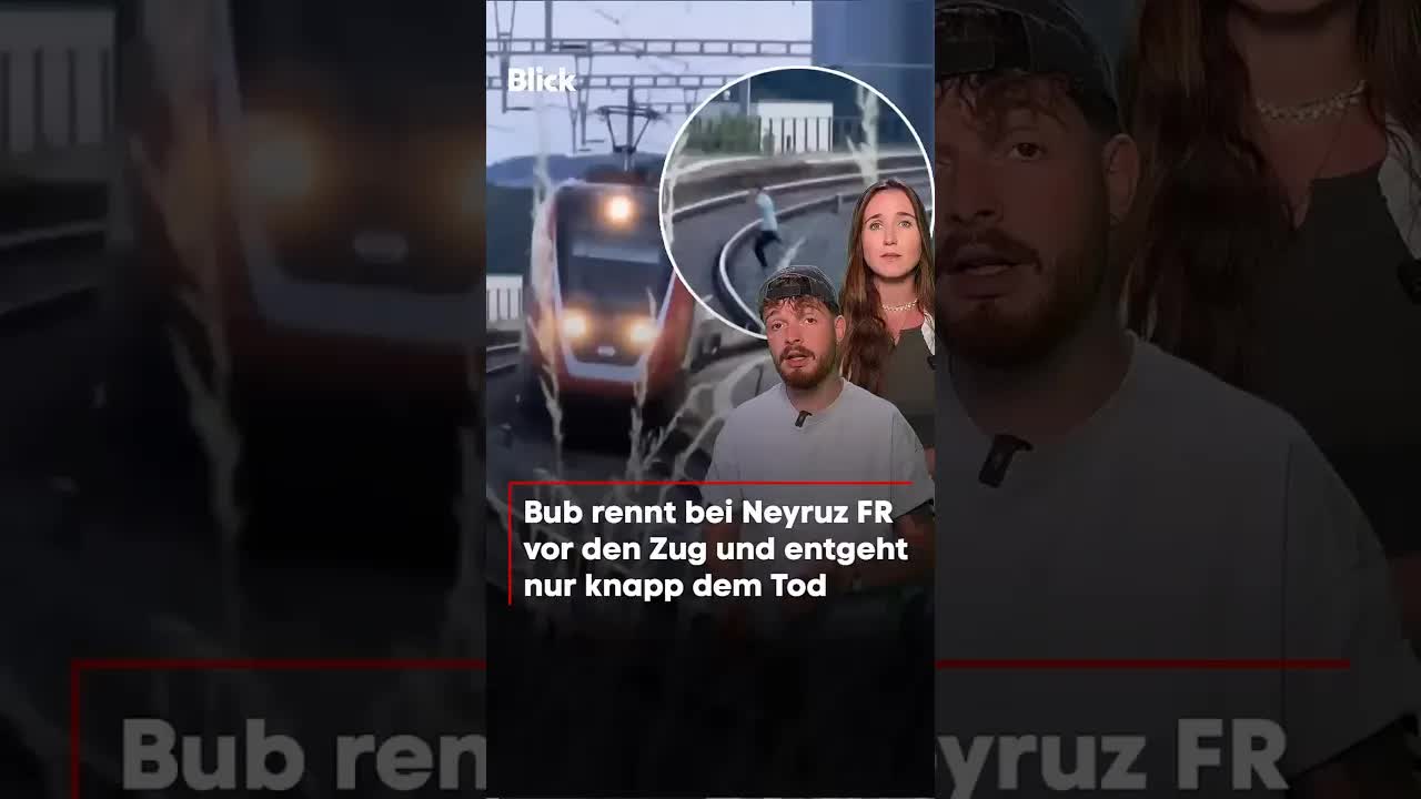 Zwei Kinder rennen vor Zug über Gleise
