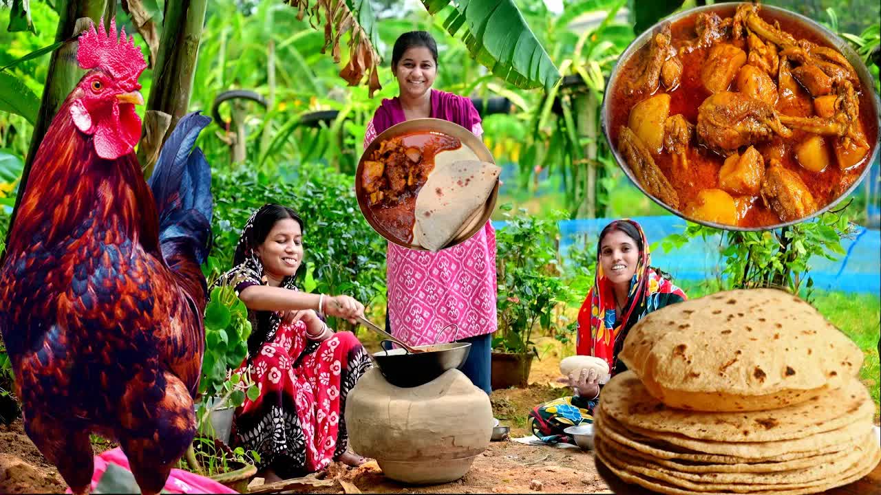 গ্রামের রান্নাঘরে দেশি মুরগির ঝোল ও গরম রুটি