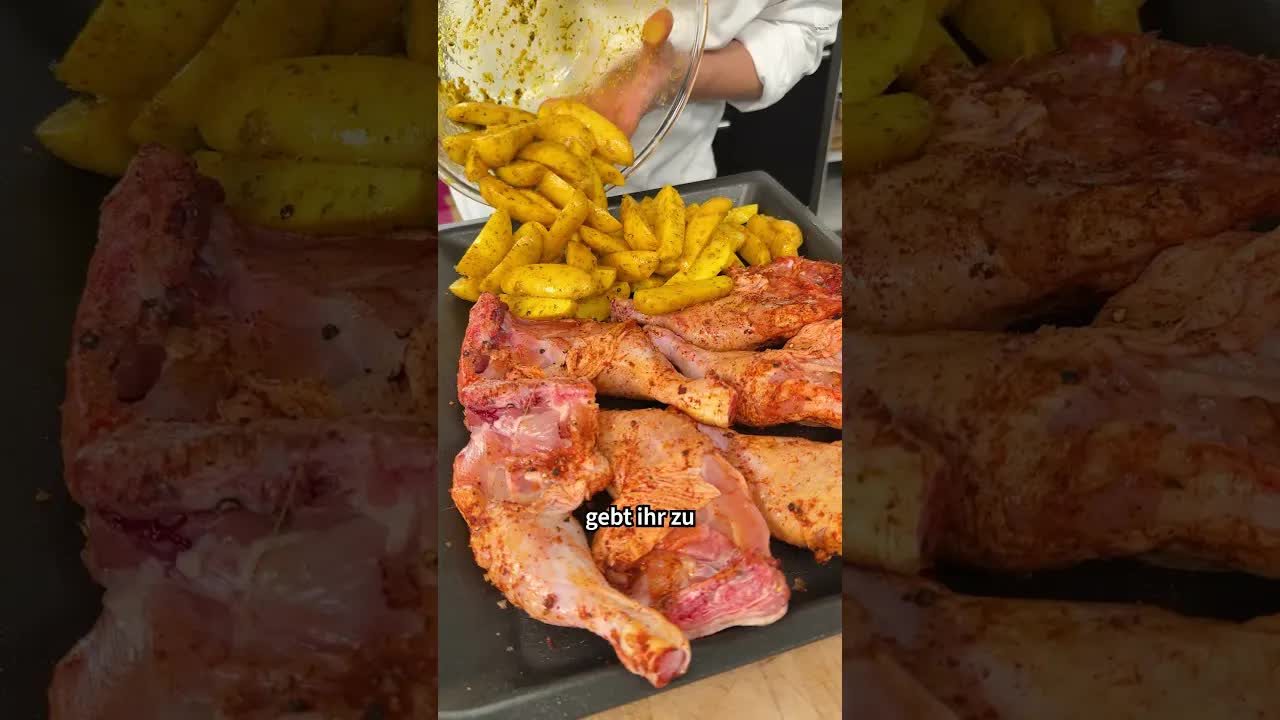 Hähnchenschenkel mit Kartoffeln auf einem Blech