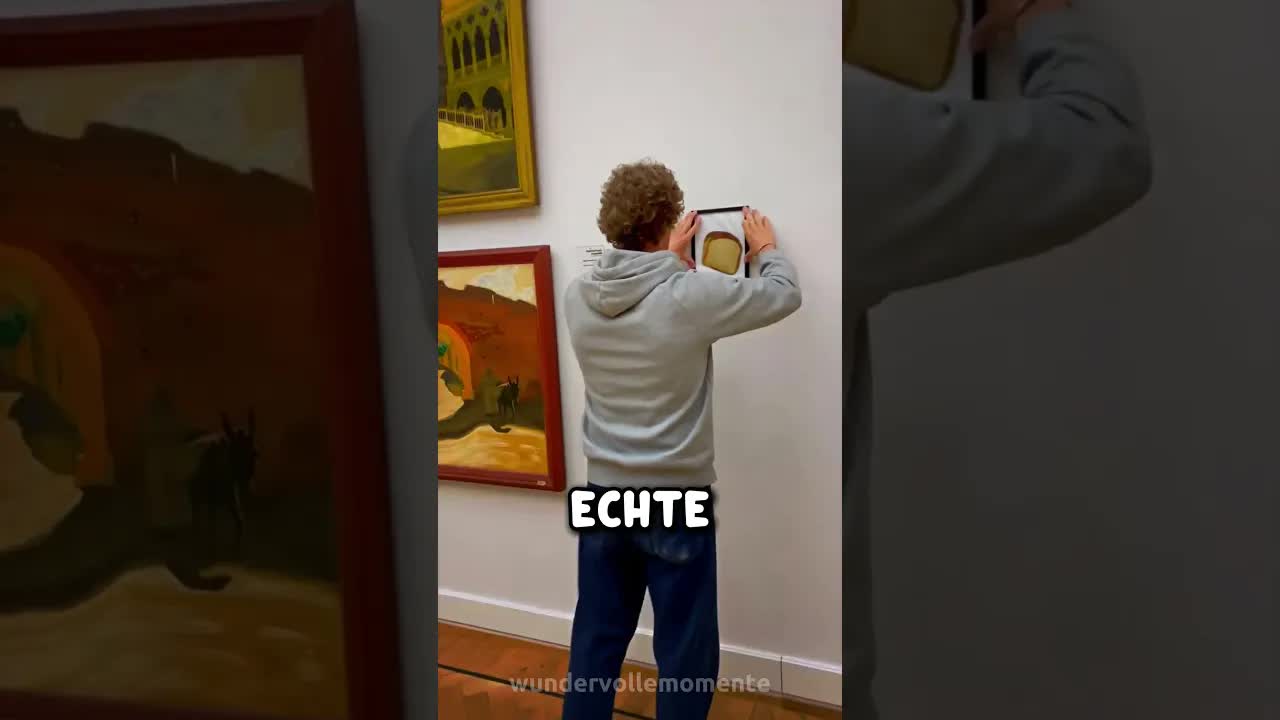 Ein Junge veräppelt ein Museum mit einem Brot