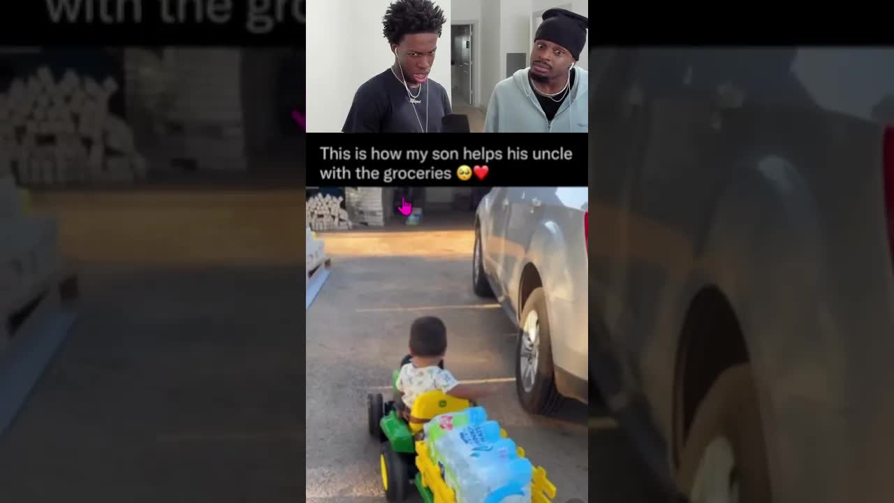 Toddler Helps Carry Groceries To The Garage