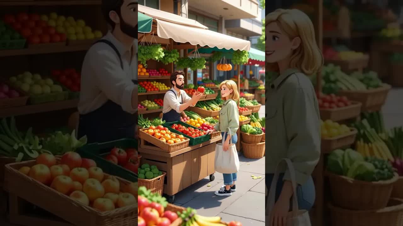 Een gesprek op de markt over groente en fruit