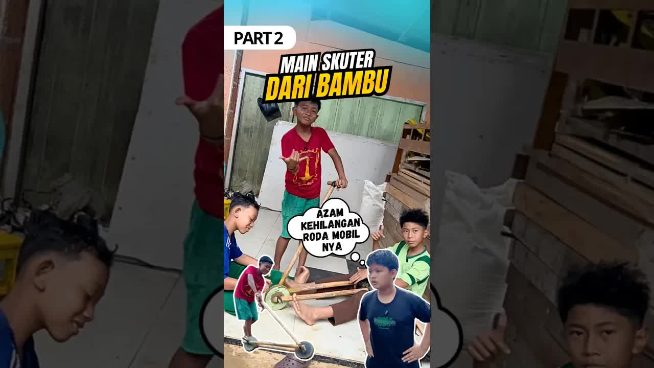 Anak-Anak Membuat Skuter Bambu di Hujan