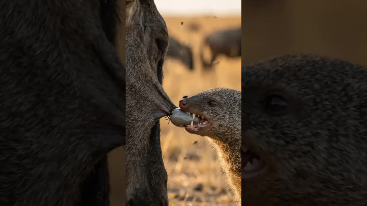 Mongoose cleans ticks from a trusting wildebeest