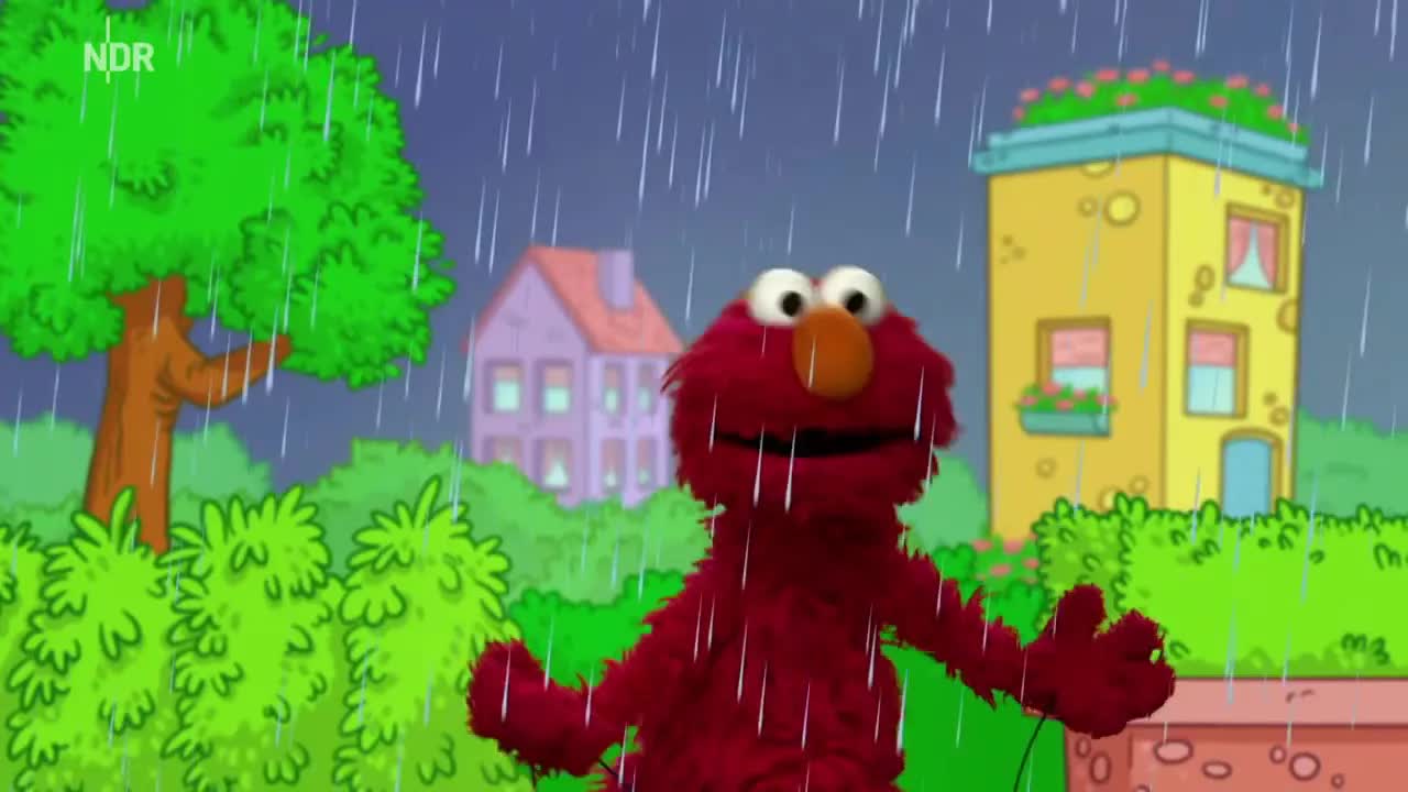 Elmo und Krümel spielen im Regen