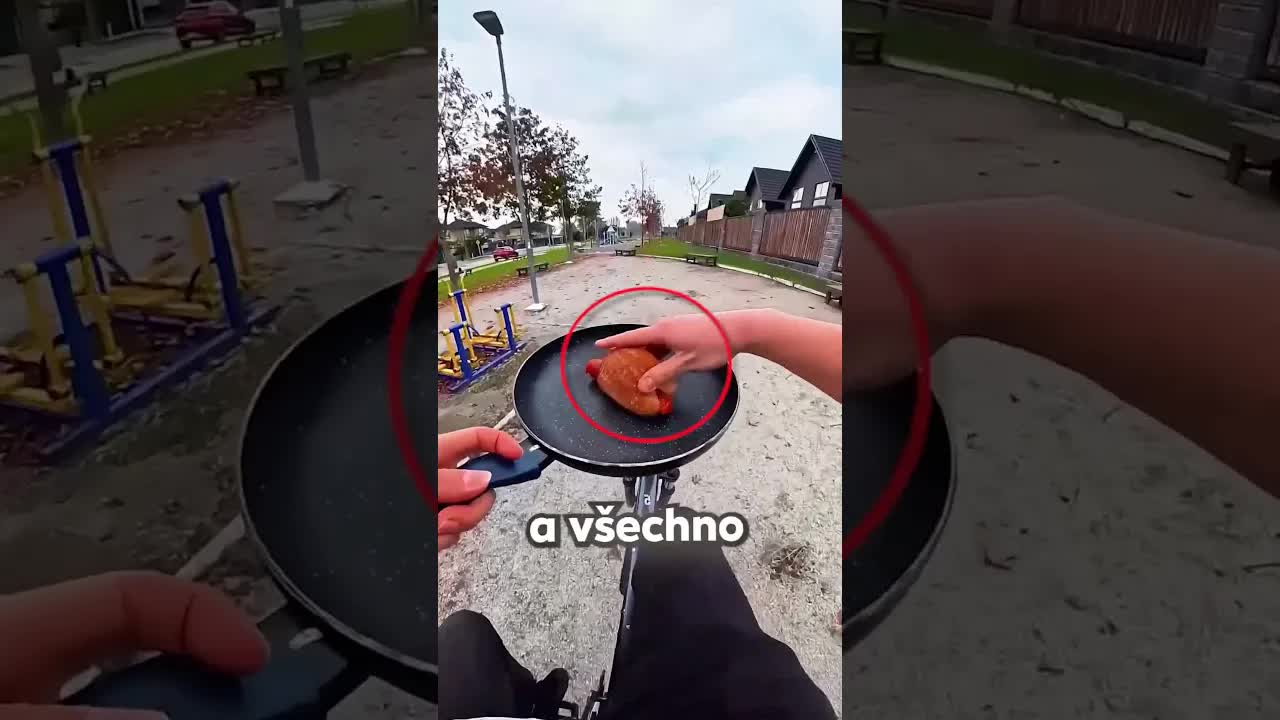 Muž vaří snídani na kole do práce